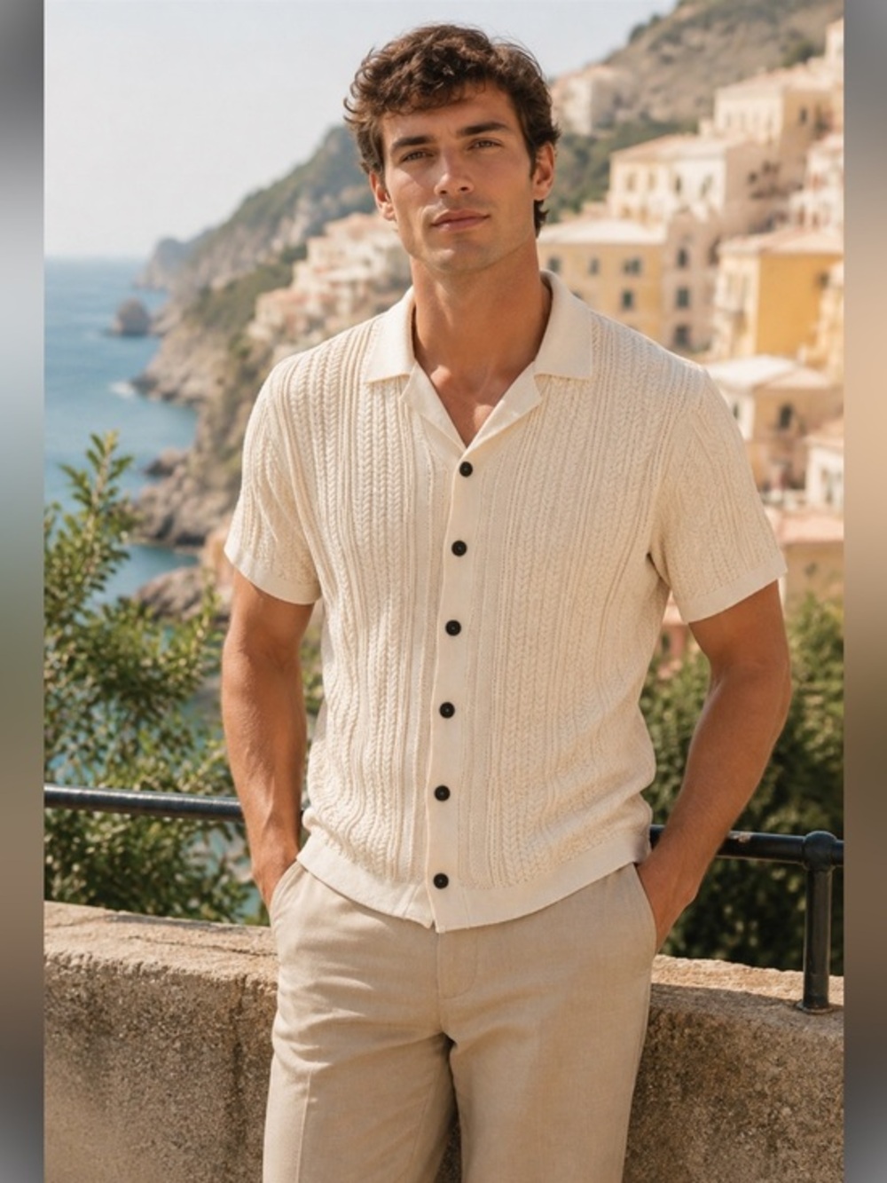 PacSun Mens Small Cream Crochet Knit Short Sleeve Button Up Camp Collar Shirt